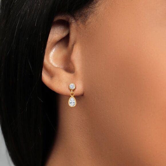 14K Yellow Gold with 1.00 Cttw White Moissanite Dangling Post Back Drop Earrings - Picture 3 of 4